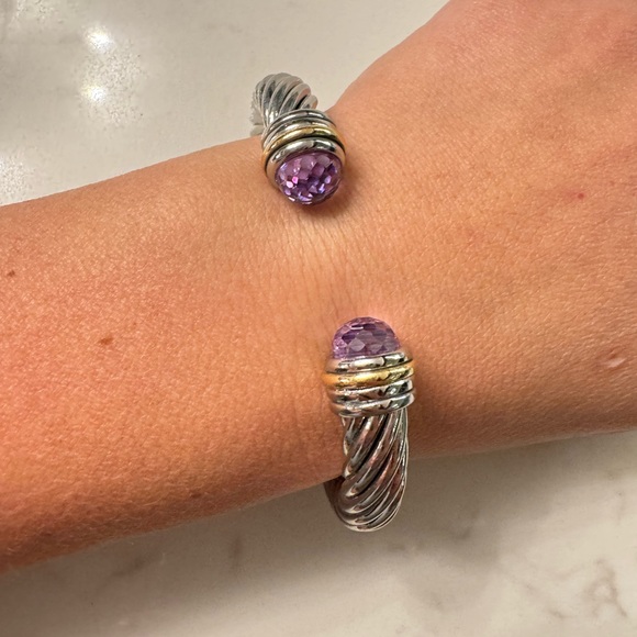 Two Tone Cable Bracelet Hinged Open Cuff with Large Purple Crystals - Picture 14 of 14